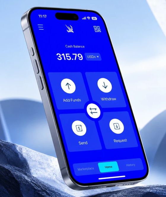 The Shaheen Money app on iPhone: the home screen, with the cash balance in USDC and Add Funds, Withdraw, Send and Request.