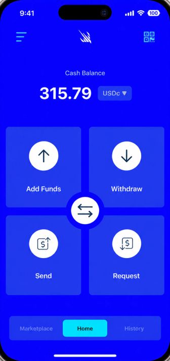 The Shaheen Money app on iPhone: the home screen, with the cash balance in USDC and Add Funds, Withdraw, Send and Request.